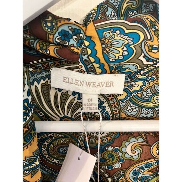 Ellen Weaver Brown & Green Paisley Secretary Bow Button Down Blouse sz 1X NWT - Picture 2 of 7